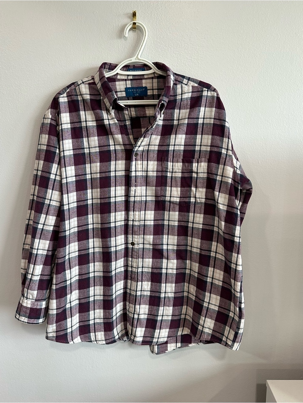 Towncraft Men’s Plaid Flannel Button Down Shirt Large Burgundy Cream 100% Cotton
